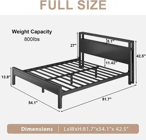 Vista 2 de LoVinson Full Size Bed Frame with Charging Station and LED Light, Metal Platform Bed with Storage Headboard, Noise Free, No Box Spring Needed, Easy