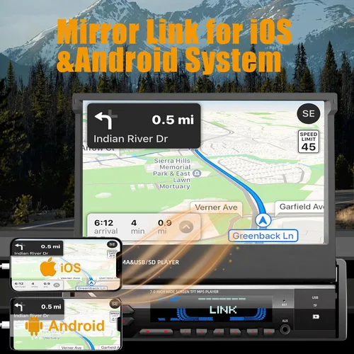 Vista 9 de [Actualización] Reproductor estéreo de coche de un solo DIN compatible con Apple Carplay y Android Auto - Pantalla táctil motorizada abatible de 7