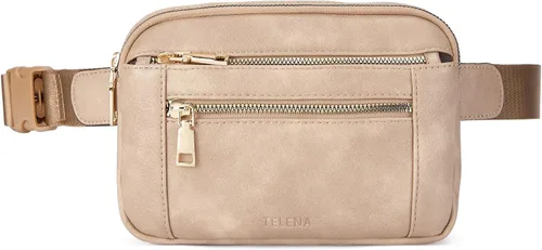 Vista 7 de Telena Riñoneras para mujer, bolso cruzado de cuero, bolso de cintura de moda con correa ajustable, Marrón claro
