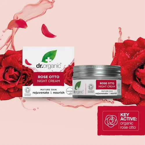 Vista 5 de Dr. Organic Rose Otto Night Cream Rejuvinizante para pieles maduras, ayuda en el envejecimiento saludable, promueve la piel joven y tonificada