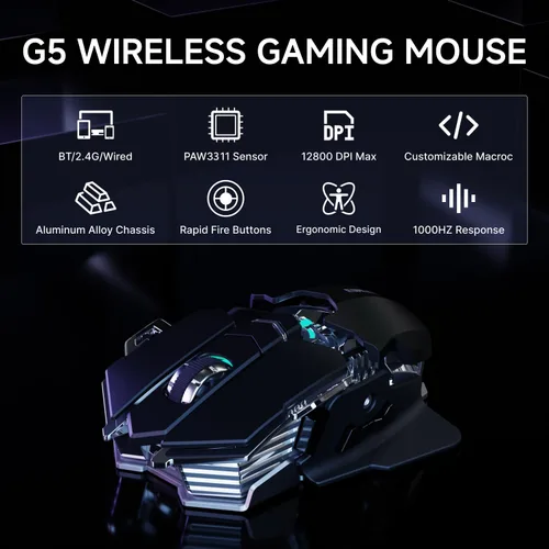Vista 2 de EWEADN G5 - Mouse inalámbrico para juegos, 12800 DPI RGB ajustable con 6 modos retroiluminados, llave de fuego rápido, 9 botones macro programables