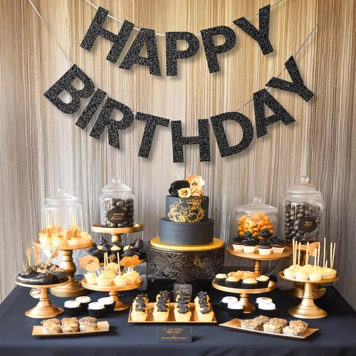 Vista 8 de Pancarta de Feliz Cumpleaños con Purpurina Negra - 9 pies Pre-Ensartada Sin Bricolaje Cartel de Fondo para Fiestas, Adultos, Niños, Mujeres