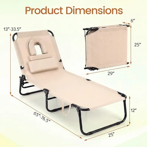 Vista 3 de Tangkula Sillón de playa, reclinable plegable para tomar el sol con agujero frontal, silla de bronceado boca abajo con respaldo ajustable de 4 Beige