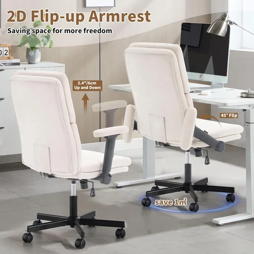 Vista 7 de Silla de oficina ajustable con respaldo medio, cómoda, de lino, ergonómica, con respaldo para el hogar, silla de computadora con reposabrazos Beige