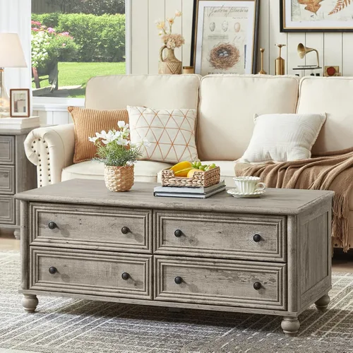 Vista 10 de RWYHG - Mesa de centro de granja de 48" con almacenamiento oculto, mesas de café de madera con 4 cajones y mango de columna romana, mesa rústica