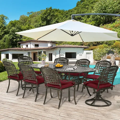 Vista 7 de Juego de comedor de patio de 9 piezas, mesa y sillas de patio al aire libre, mesa de comedor ovalada de aluminio fundido de 84 pulgadas con agujero