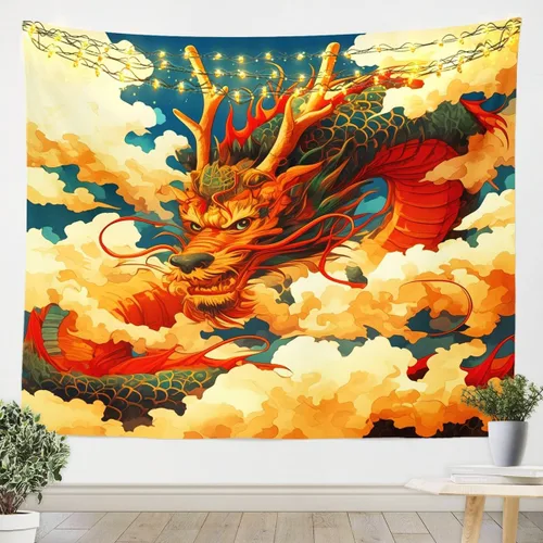 Vista 7 de Erosebridal Arte de pared de dragón oriental para colgar en la pared, estilo japonés, montaña, mar, océano, decoración de pared, tapiz impreso