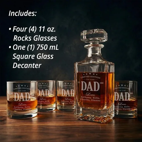 Vista 5 de Juego de decantador de whisky personalizado con vasos para papá, juegos de decantadores de bourbon personalizados, 4 diseños, vasos de whisky