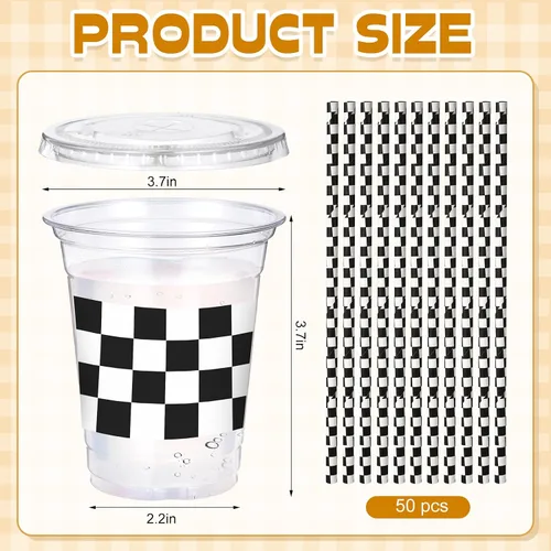 Vista 2 de Sliner 50 juegos de vasos de plástico a cuadros de 16 onzas con tapas y pajitas de papel, vasos desechables transparentes para fiesta de autos