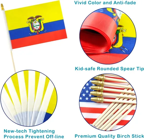 Vista 3 de QQSD Banderas de mano pequeñas de Ecuador con palo ecuatoriano, poste de madera maciza con punta de lanza, paquete de 12