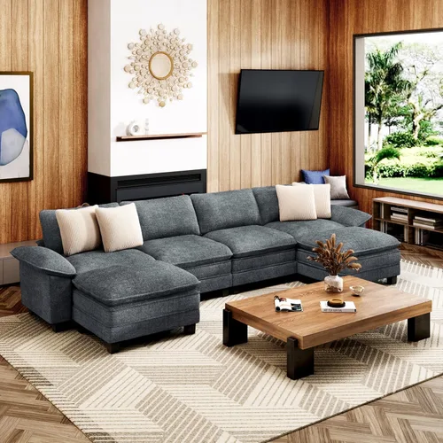 Vista 30 de Sofá seccional en forma de U de 123 pulgadas con cojines tipo nube, juego de sofá modular de asiento profundo con 5 asientos y 2 otomanos, brazos
