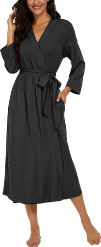 Vista 3 de VINTATRE Bata tipo kimono para mujer, bata larga de punto, ligera, suave, ropa de dormir con cuello en V, casual, ropa de descanso para mujer