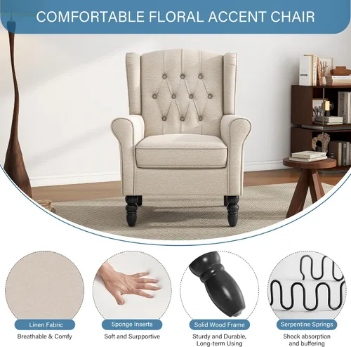 Vista 5 de High Back Accent Chair, Fabric Upholstered Armchair Wingback Chair for Living Room, Comfy Bedroom Reading Seat with Solid Wood Legs, Beige