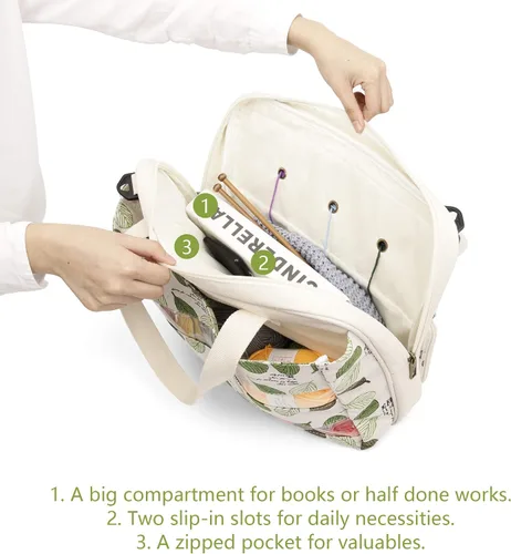 Vista 5 de LAVIEVERT Bolsa de tela para tejer, bolsa de almacenamiento de hilo para llevar proyectos, agujas de tejer, ganchos de ganchillo y otros accesorios