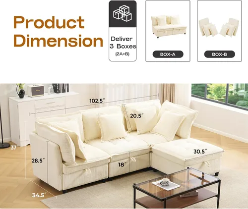 Vista 2 de Sofá modular modular en forma de L de 102.5 pulgadas con almacenamiento, sofá de asiento profundo de 4 plazas con cojines copetudos y almohadas