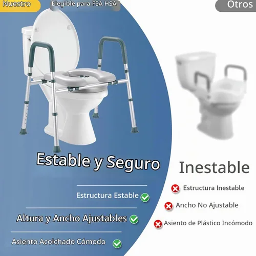 Vista 6 de Asiento de inodoro elevado con asas, elevador de asiento de inodoro elegible para personas mayores con altura y ancho ajustables, asiento de inodoro