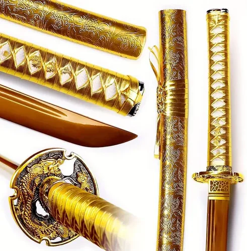 Vista 3 de Katana de dragón de oro hecha a mano de acero de alto carbono, espada samurái japonesa de espiga completa, espada realmente afilada lista
