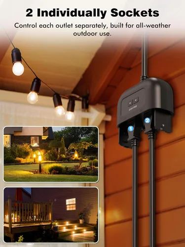 Vista 2 de EIGHTREE Enchufe inteligente para exteriores impermeable IP44, tomacorriente inteligente con 2 salidas controladas independientemente, compatible
