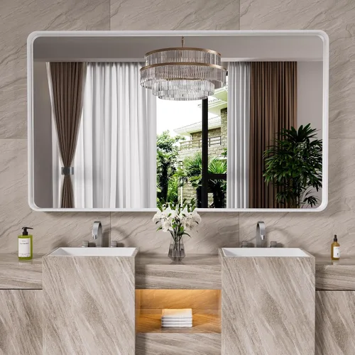 Vista 45 de JISOSO - Espejo de baño negro de 20x30 pulgadas con marco de metal negro, espejo de tocador rectangular redondeado con acabado mate para pared