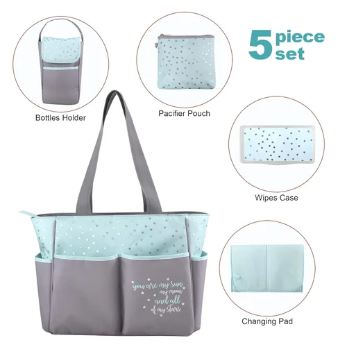 Vista 5 de Baby Essentials Juego de 5 bolsas para pañales con sol, luna y estrellas, bolsillo para toallitas, bolsa para pañales sucios, cambiador Gris/ agua