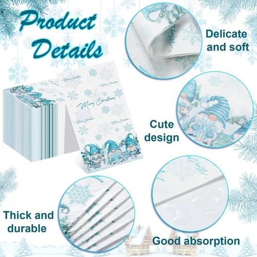 Vista 3 de 100 servilletas de papel de gnomo de Navidad, desechables, diseño de gnomo de Navidad, copos de nieve, servilletas de papel decorativo de Navidad