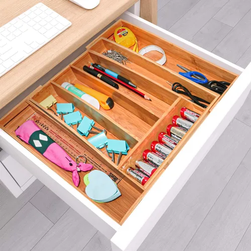 Vista 4 de Organizador de cajones de bambú, bandeja expandible para cubiertos, soporte ajustable para utensilios de 5 a 7 compartimentos, organizador de Madera