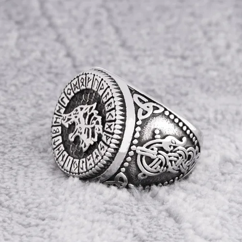 Vista 3 de Gungneer Anillo de lobo de Fenrir rúnico de acero inoxidable Odin nórdico runa círculo vikingo, joyería para hombres y mujeres, Metal, n
