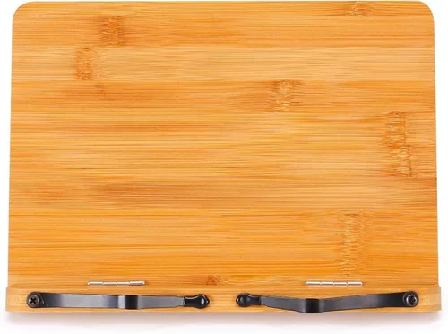 Vista 8 de MEGREZ Soporte de cocina plegable de bambú (13 x 9.4 pulgadas), marco de lectura portátil, soporte para escritorio, soporte para libros de cocina