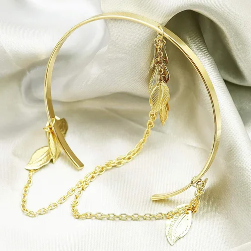 Vista 5 de RechicGu 2 piezas de cadena de plumas de hojas con borlas de pulsera, brazalete de brazo abierto, parte superior abierta, conjunto ajustable