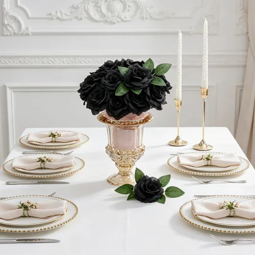 Vista 5 de Eternal Blossom 50 piezas de rosas negras artificiales, flor artificial con tallo, ramo de rosas para decoración, 3 pulgadas de flor falsa de seda