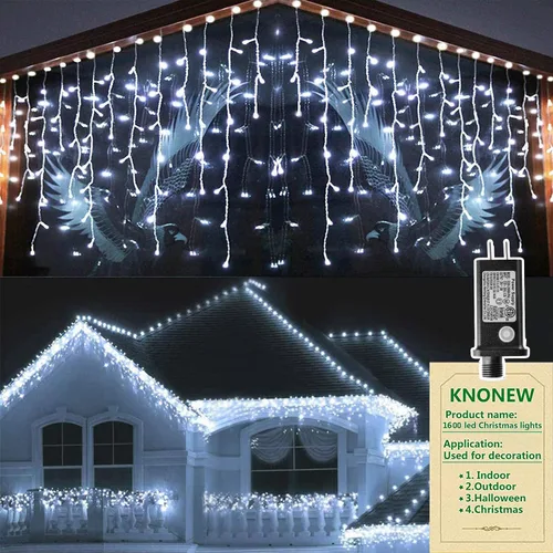 Vista 20 de Guirnalda de 400 luces LED con 75 gotas, de 33 pies, 8 modos de funcionamiento, de alambre transparente para decoración al aire libre, 400 modos