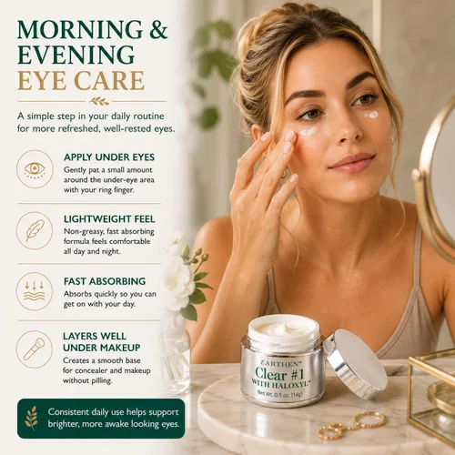 Vista 4 de Earthen Clear #1 Crema de ojos 0.5 onzas – Tratamiento de péptidos Haloxyl para ojeras, bolsas debajo de los ojos, hinchazón, líneas finas
