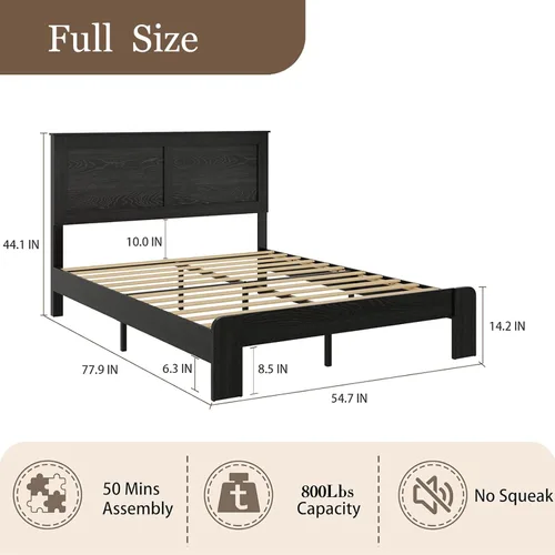 Vista 2 de Base de cama completa de madera con cabecera, base de cama de plataforma rústica de granja con soporte de 12 listones de madera, no necesita somier