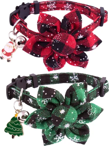 Vista 14 de PTDECOR Paquete de 2 Collares Navideños para Gatos, Collar de Gato Navideño con Corbatín y Campanilla Desmontables, Collares Navideños de Liberación