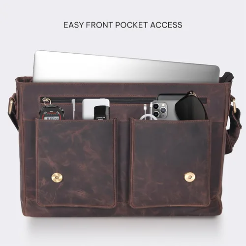 Vista 6 de VALENCHI Bolsa tipo mensajero de cuero de grano completo para laptop de 15.3 pulgadas para hombres y mujeres, compartimento acolchado para laptop