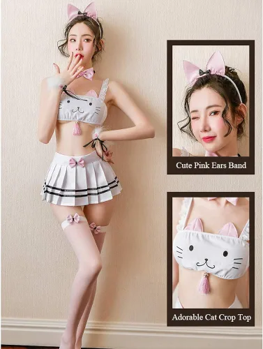 Vista 6 de Disfraz de gato de anime japonés para mujer, conjunto de lencería Lolita Kitten