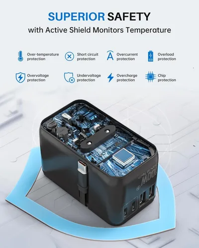 Vista 7 de DOACE - Adaptador de viaje universal GaN de 100 W con cable USB-C 6-in-1 Design, USB-C PD Fast Charging, European Plug Adapter Works in 200+