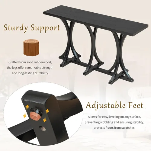 Vista 6 de Mesa de consola de madera de 152 cm con tapa de chapa de roble y patas curvadas delgadas de madera de goma, elegante mesa de sofá para sala