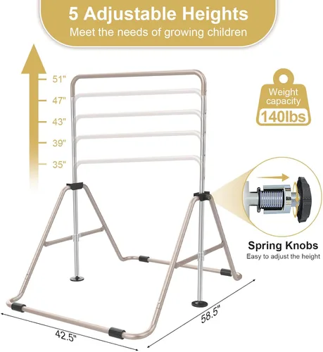 Vista 2 de SHIWEI Barra de gimnasia para niños, barra de gimnasia plegable con 5 alturas ajustables, equipo de entrenamiento expandible para interiores