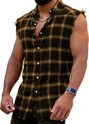 Vista 8 de Beotyshow Camisa de franela sin mangas con botones para hombre, camisas A: Azul