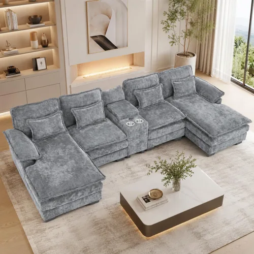 Vista 12 de Sofá modular en forma de U de 132 pulgadas, sofá modular para sala de estar, sofá moderno de pana de felpa de gran tamaño con consola central Negro