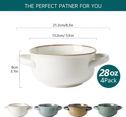 Vista 2 de Earth Tone - Cuencos de sopa de gres de 28 onzas, juego de 4