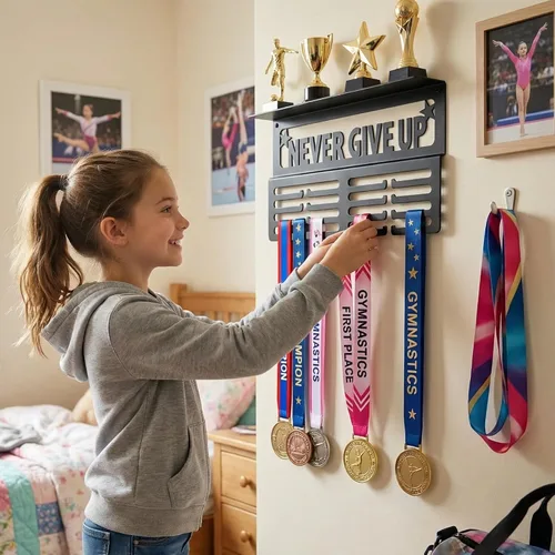 Vista 2 de Colgador de medallas AGATHOS HOME con estante para trofeos - Estante de premios de metal para paredes con capacidad para 64+ medallas deportivas