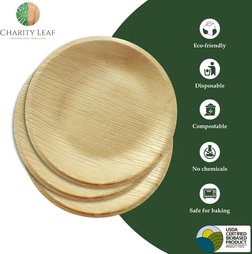 Vista 2 de Charity Leaf - Platos redondos desechables de bambú de 5 pulgadas (50 piezas) Platos de aperitivo de bambú, tableros desechables, vajilla ecológica