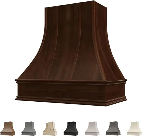 Vista 11 de Cubierta curvada para campana extractora de nogal americano con molduras decorativas, cubiertas de madera para campana extractora de pared, madera
