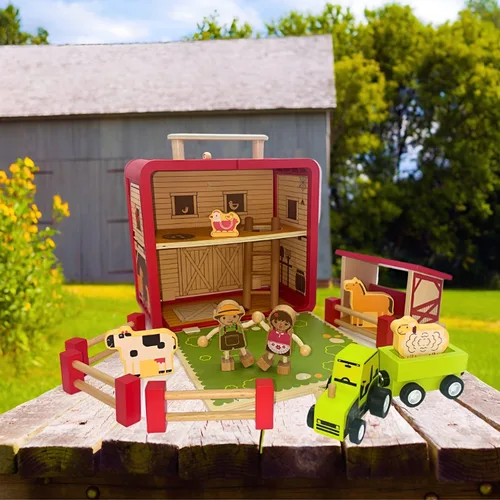 Vista 7 de Juego de granja de juguetes de madera – Los juguetes para niños pequeños incluyen funda de transporte portátil de granero, agricultores de gente