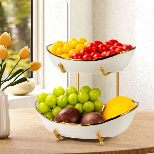 Vista 11 de Frutero para encimera de cocina, cesta de frutas de cerámica de dos niveles, soporte para frutas y verduras frescas, bandejas modernas para servir