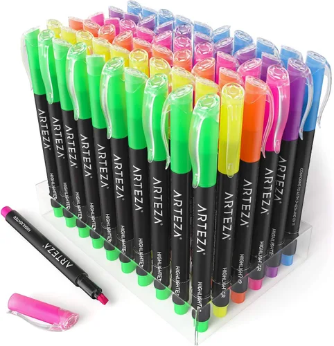 Vista 4 de ARTEZA Resaltadores – Juego de 60 colores neón surtidos con puntas de cincel estrechas, tinta de secado rápido para la escuela, oficina, diario