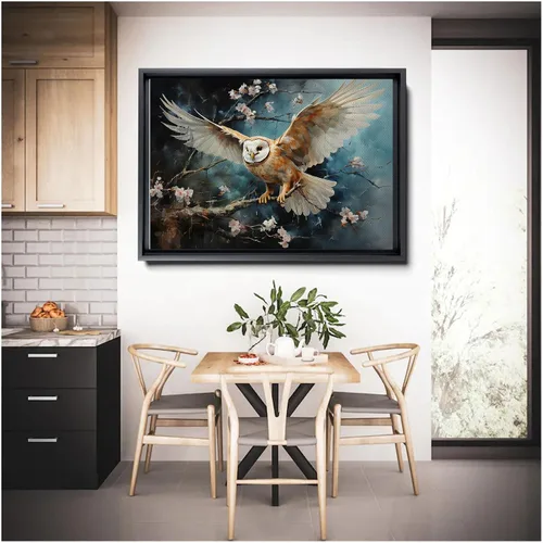 Vista 6 de Flying owl with trees, leaves, forest double exposure, nature animal, owl illusion art, wrapped framed canvas print, office wall art