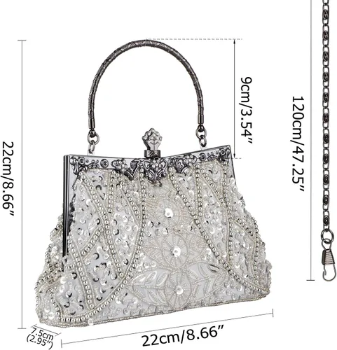 Vista 4 de Bolso de estilo vintage con cuentas de lentejuelas bolso de noche de fiesta de boda bolso de embrague de diamantes de imitación, plateado